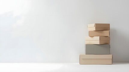 Stacked decorative storage boxes in beige, grey, and white tones on clean white floor, minimalist modern background symbolizing packaging, organization, and contemporary storage style