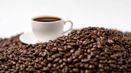 Fototapeta premium Roasted coffee beans forming a pile with a white cup of hot black coffee on a saucer in the background, showing aroma and energy
