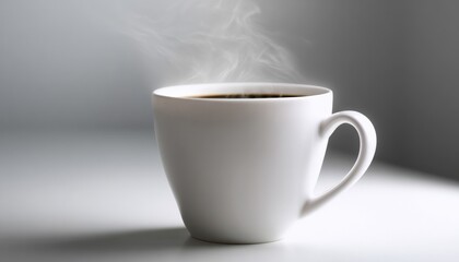 Hot coffee mug standing on a minimal white surface, showing steam rising, implying a fresh, warm drink
