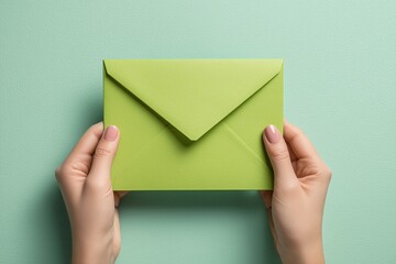 Person holds biodegradable mailer envelope isolated on pastel green background showcasing eco friendly packaging