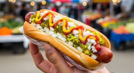 Close-up of a delicious hot dog with mustard ketchup relish and onions
