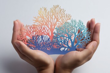 Holding a colorful paper cutout of a coral reef in hands against a white background to highlight marine life