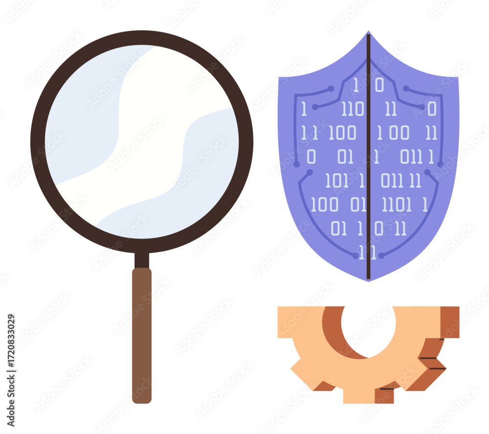 Poster magnifying glass examining data, shield with binary code, and gear symbolizing cybersecurity, data p