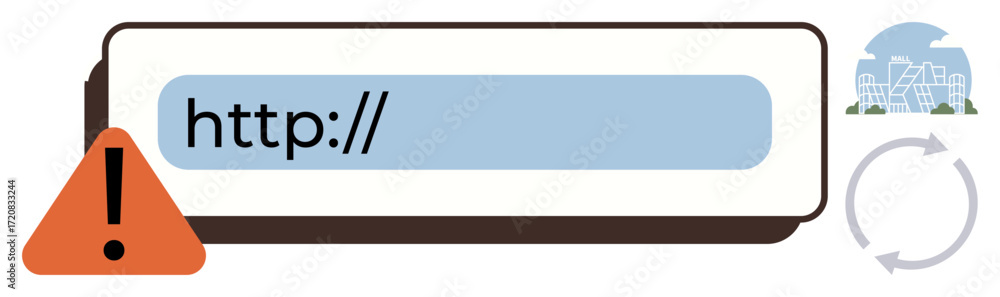 Poster url bar with warning alert triangle, refresh symbol, and urban landscape icon. ideal for web mainten