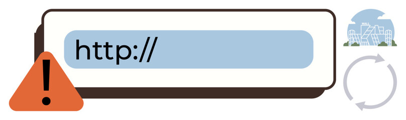 URL bar with warning alert triangle, refresh symbol, and urban landscape icon. Ideal for web maintenance, error, troubleshooting, system issue, internet, security warning and simple flat metaphor
