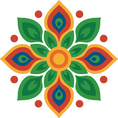 Colorful Mandala Floral Pattern With Green Leaves And Geometric Petals For Home Decor and Wall Art