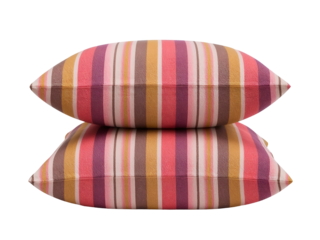 Two striped throw pillows stacked on a black background with warm color stripes Keywords: pillow, cushion, striped, fabric, textile isolated on a transparent background