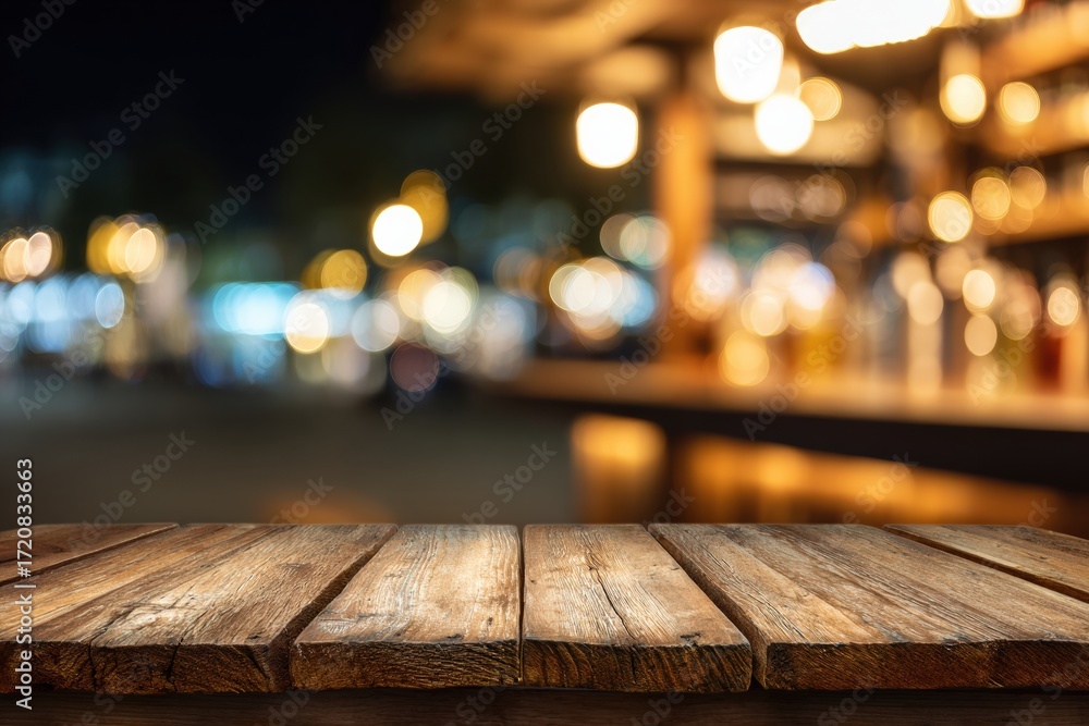 Poster empty rustic wooden table top foreground with blurred bokeh lights of a bar or restaurant in the bac