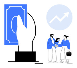 Hand holding money, two professionals shaking hands, upward graph symbolizing financial success. Ideal for finance, investment, growth, partnership, collaboration agreement strategy. Simple flat