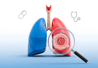 Human lungs anatomy with magnifying glass showing alveoli cross-section. Medical research and diagnosis concept.