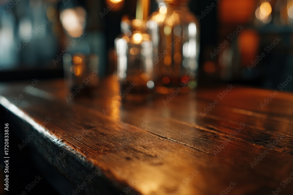 Poster wooden bar counter with warm bokeh lights in a blurred background, creating a cozy and inviting even