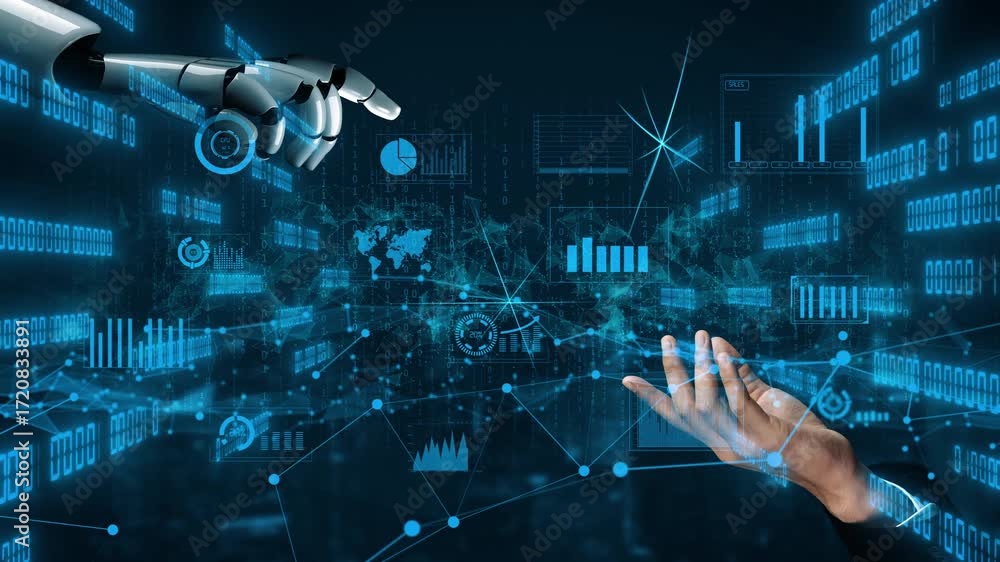 Poster a robotic hand and a human hand reach towards each other against a backdrop of digital data visuals,