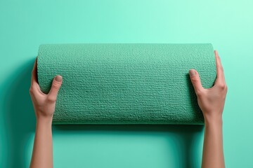 Lifting a rolled eco friendly yoga mat against a mint background for a sustainable fitness routine