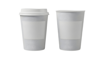Two disposable coffee cups with blank labels for branding against a offer a customizable template for product presentation on transparent background