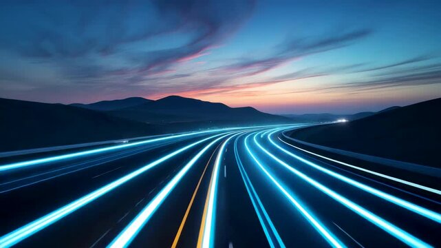 Futuristic Highway with Glowing Blue Light Trails Stretching through Scenic Mountain Landscape