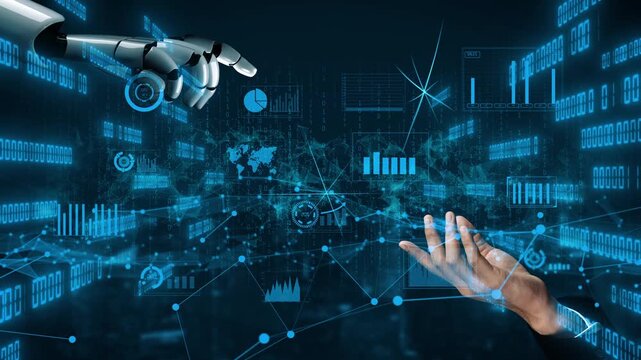 A robotic hand and a human hand reach towards each other against a backdrop of digital data visuals, representing the future of collaboration in technology and business. Xenic