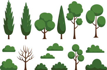 Cartoon collection of different trees and bushes, green foliage plants, natural landscape elements for park, garden, forest and outdoor design