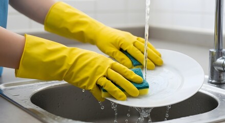 Woman wearing yellow rubber gloves washing a plate under running water in a kitchen sink