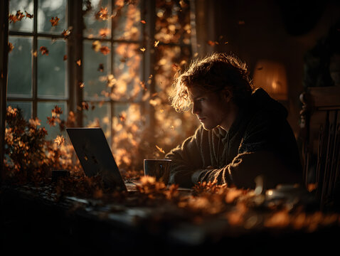 Young man works on laptop while sipping coffee in autumn Generative AI - Powered by Adobe