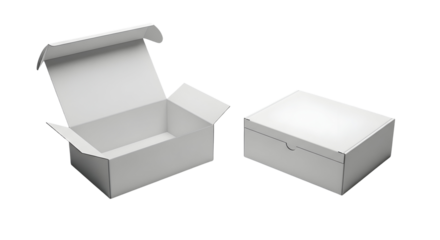 Two white cardboard boxes one open and one closed for product packaging and shipping needs with a clean modern look on transparent background