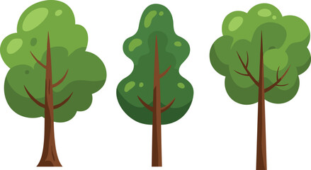 Fototapeta premium Flat cartoon green trees collection, simple nature illustration set, eco forest design for park, landscape, garden, environment, outdoor background vector