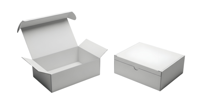 Two white cardboard boxes one open and one closed for product packaging and shipping needs with a clean modern look on transparent background