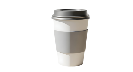 coffee cup with grey lid and sleeve for a coffee shop or cafe advertisement or menu design element on transparent background