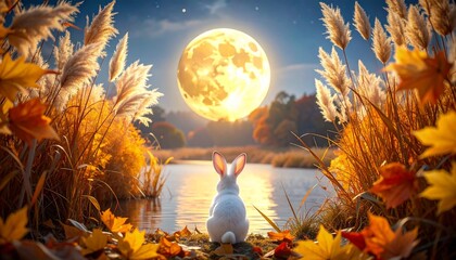 中秋の名月と白うさぎの秋夜景イラスト：お月見：十五夜と十三夜
