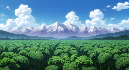 Clear Day Anime Landscape with Vast Green Kale Fields and Snow-Capped Mountains.