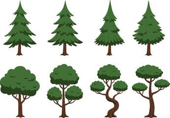 Cartoon green tree collection with pine, oak, and decorative forest elements, vector nature clipart set for ecology, summer design illustration