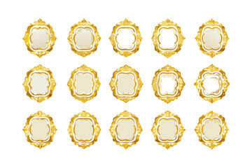 Fifteen golden ornate frames with varied designs arranged on a white background in a symmetrical pattern