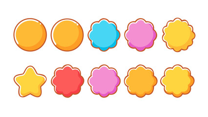 Collection of colorful cartoon badges and labels including circles stars and flower shapes in a row