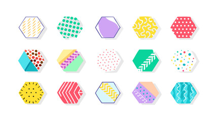 Collection of fifteen colorful hexagon shaped designs featuring various patterns and color combinations artfully arranged