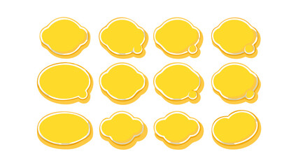 Collection of twelve yellow speech bubbles with different shapes and golden outlines on a white background