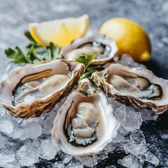 A delightful arrangement of fresh oysters on ice with lemon and parsley, a culinary masterpiece for seafood enthusiasts