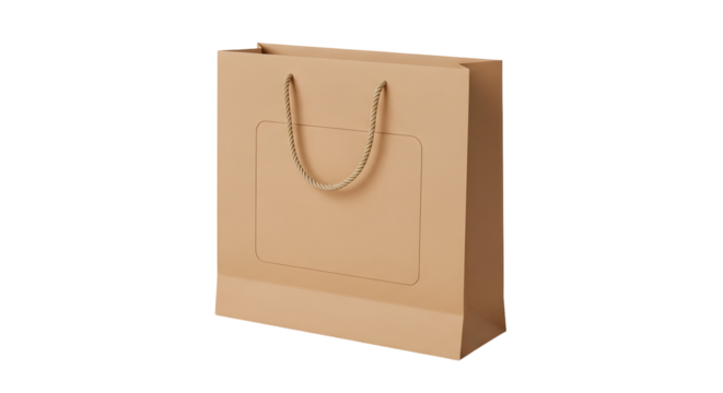 Elegant brown paper shopping bag with rope handles for retail and branding mockups and product presentations on transparent background