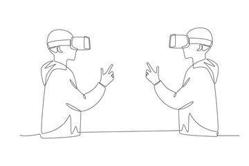 Friends playing at a vr center concept one-line drawing