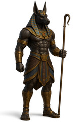 Fototapeta premium 3d render of anubis egyptian god of afterlife depicted as warrior with jackal head staff golden ornaments and pharaoh attire representing mythology culture fantasy and ancient history
