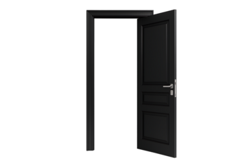 Classic black wooden door half open isolated illustration symbolizing freedom opportunity decision mystery privacy architectural detail entryway security and minimalistic modern design for stock use