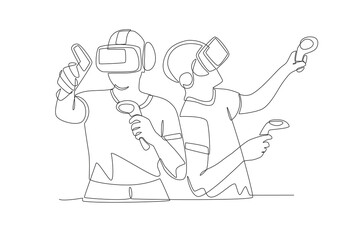 Friends playing at a vr center concept one-line drawing