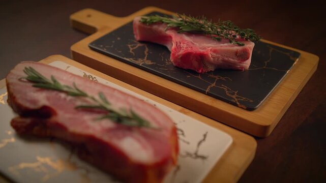 Fresh, succulent meat cuts seasoned with herbs on charming rustic cutting boards