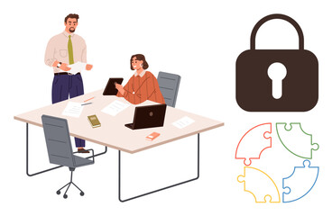 Two professionals collaborating at a desk with laptops, documents, padlock symbol, and puzzle pieces. Ideal for teamwork, problem-solving, security, communication, brainstorming business