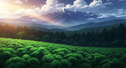 Dramatic Anime Landscape with Sun Rays Over Kale Field and Misty Mountains.