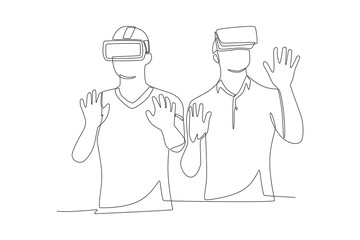 Friends playing at a vr center concept one-line drawing