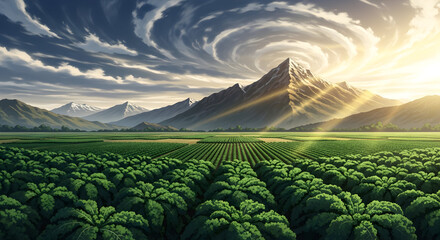 Epic Anime Landscape with Vast Kale Fields Under a Dramatic Spiral Cloud Sky.