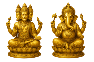 Golden statue of hindu lord ganesha and lord brahma sitting on lotus base with traditional ornaments isolated on black background representing spirituality devotion wisdom prosperity blessing