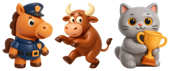 Fototapeta premium PNG Cute animal characters with trophy, element set on transparent background