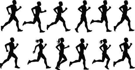 Collection of male and female jogging silhouettes, running fitness athletes, marathon training vector design, healthy lifestyle exercise artwork illustration