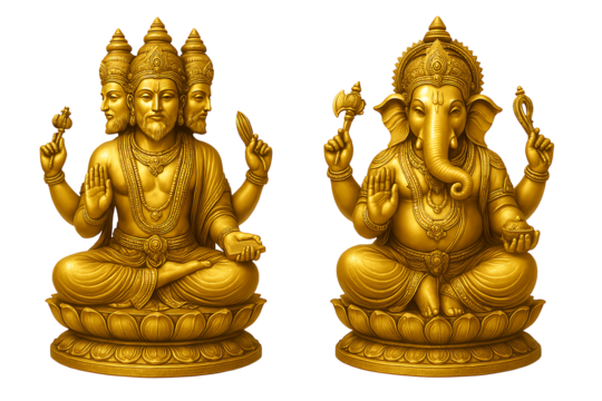 Golden statue of hindu lord ganesha and lord brahma sitting on lotus base with traditional ornaments isolated on black background representing spirituality devotion wisdom prosperity blessing - Powered by Adobe