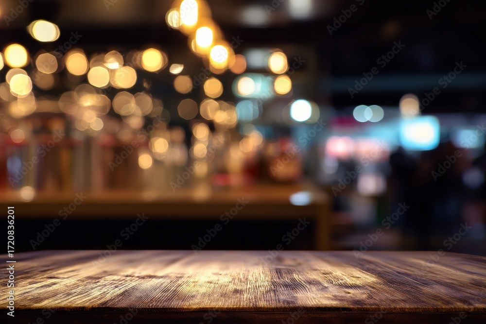 Poster wooden table surface in foreground with blurred golden bokeh lights creating a dark, atmospheric bac